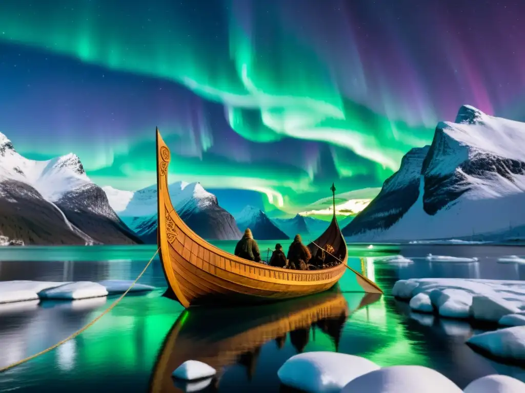 Un barco vikingo surca un fiordo bajo la Aurora Boreal, en una ceremonia mística con rituales vikingos