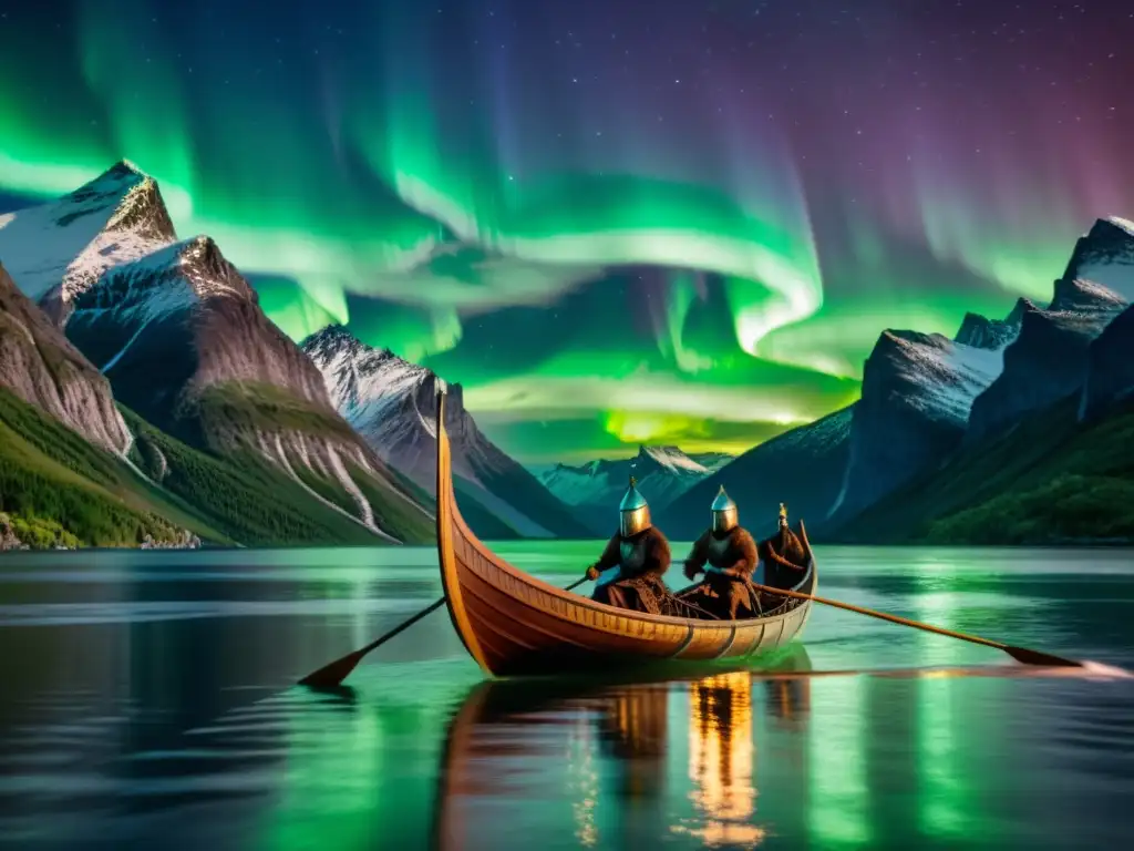 Un barco vikingo surca un fiordo bajo la Aurora Boreal, con guerreros remando y montañas al fondo