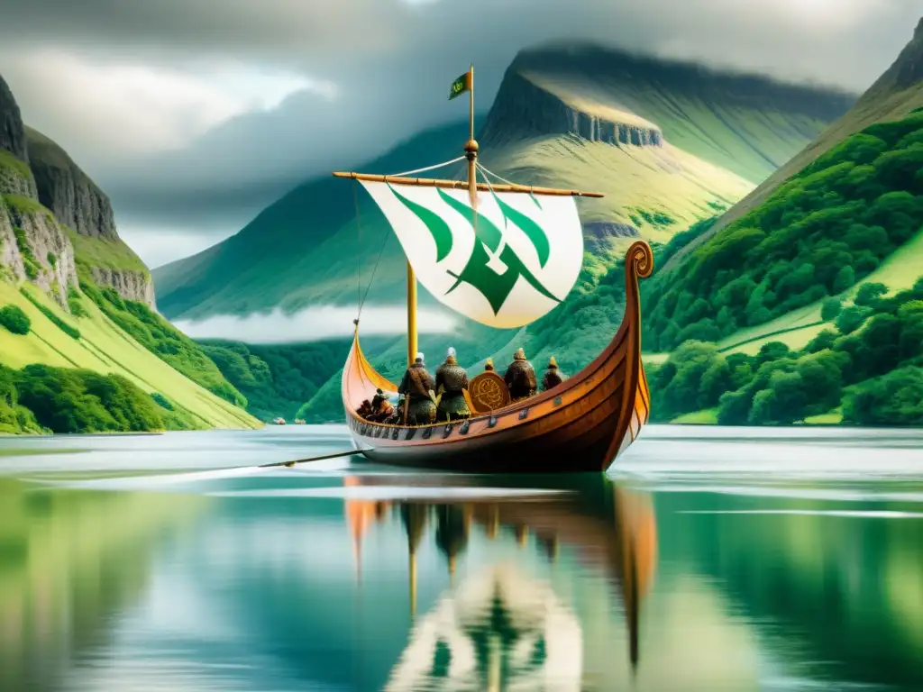 Un barco vikingo navega en un fiordo escocés rodeado de montañas verdes, reflejando la vida en un asentamiento vikingo en Escocia