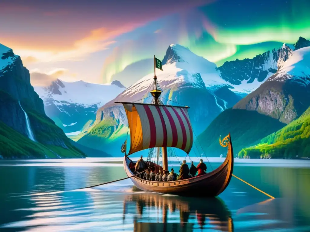 Épica travesía vikinga en un fiordo bajo la aurora boreal Un barco vikingo surca un fiordo con guerreros y montañas nevadas al fondo, bajo una aurora boreal