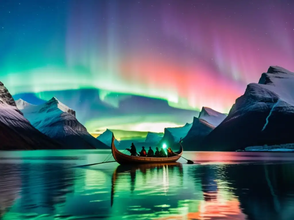 Un barco vikingo navegando por un fiordo místico bajo la aurora boreal, con guerreros y un amuleto rúnico brillante