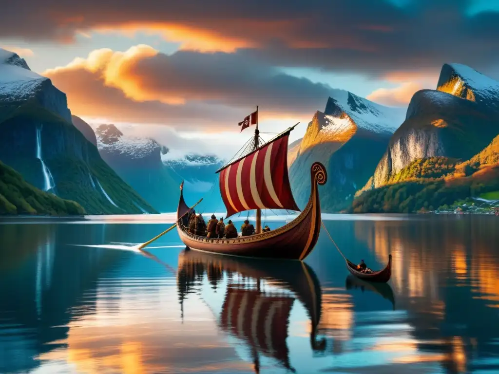Vikingos: Barco largo navegando en un fiordo Un barco vikingo surca un fiordo con montañas nevadas al fondo, reflejando el cielo dramático al atardecer