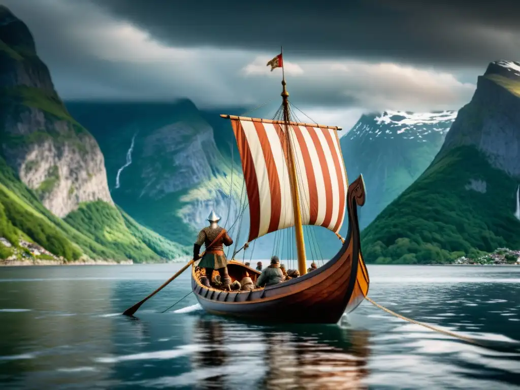 Un barco vikingo surca un fiordo entre montañas, reflejando la cultura y espíritu aventurero vikingo