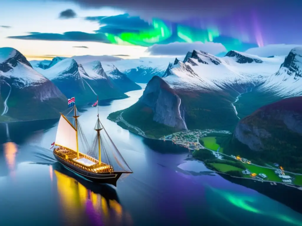 Un barco vikingo navega por fiordos noruegos bajo auroras boreales