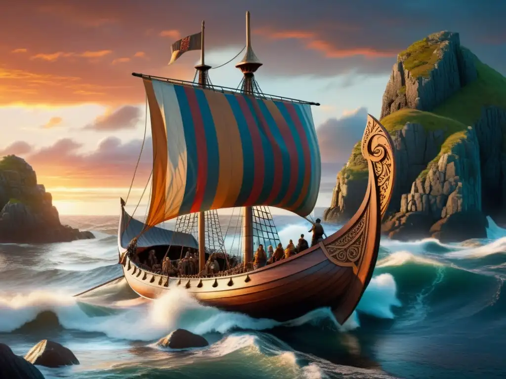 Un barco vikingo histórico detallado en 8K, con decoraciones intrincadas y escudos coloridos, navegando al atardecer en una costa nórdica rocosa