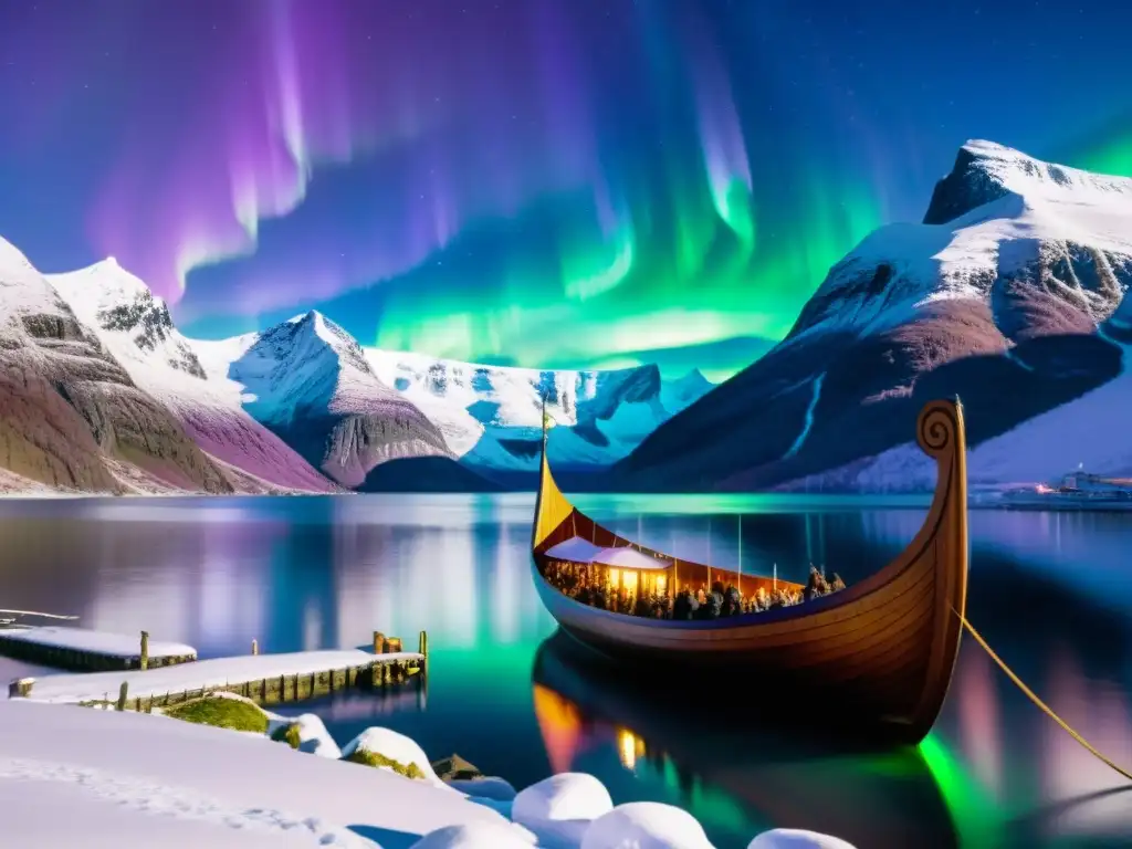 Un barco vikingo iluminado por auroras boreales, rodeado de montañas nevadas