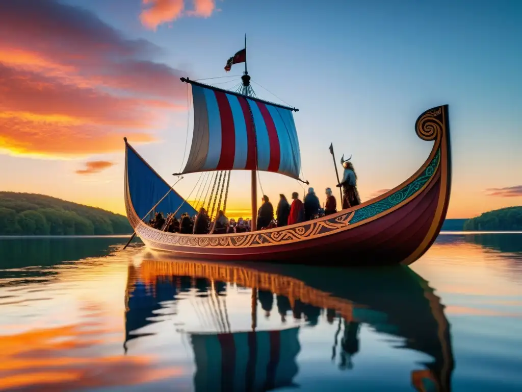 Un barco vikingo replica navega en un lago bajo un atardecer vibrante, reflejando el legado de alianzas vikingas en la sociedad actual