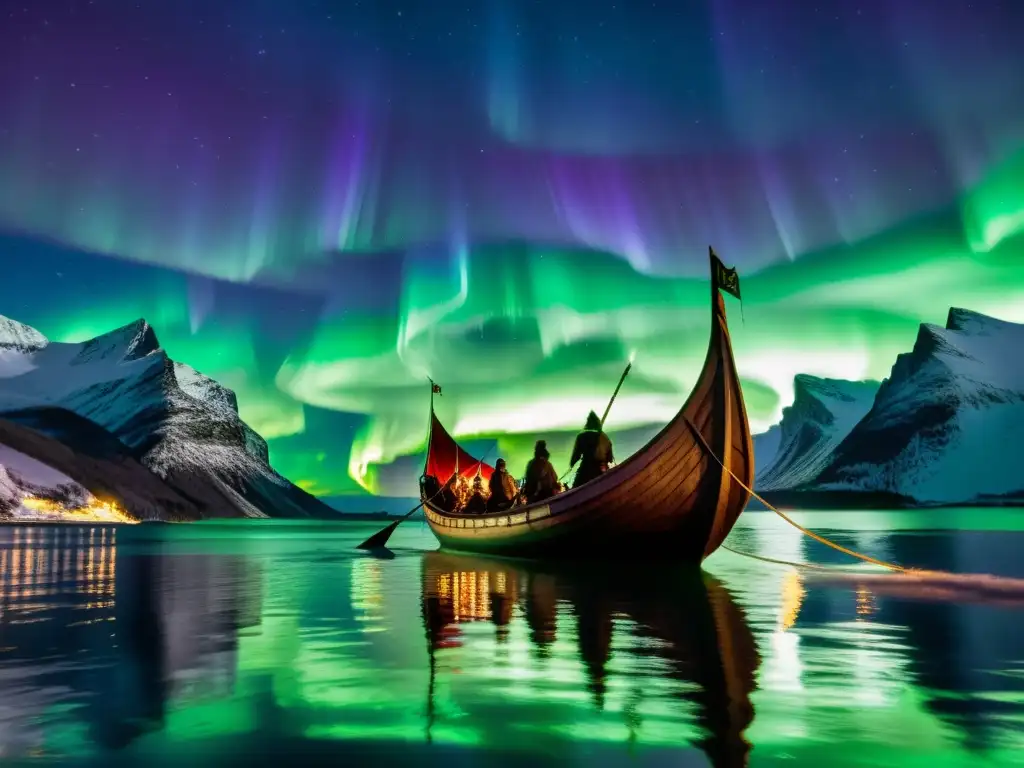 Un barco vikingo navegando bajo las luces del norte en un fiordo, con guerreros y escudos, reflejando las auroras boreales