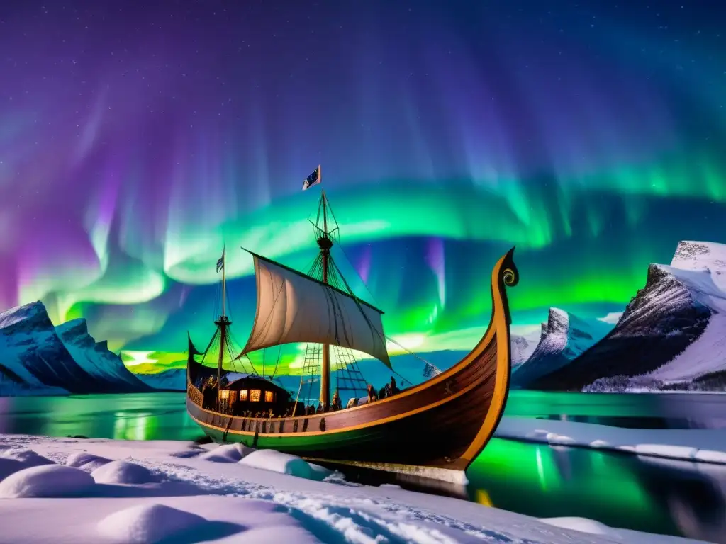 Un barco vikingo navega bajo las Luces del Norte en un fiordo nevado, con detalles tallados y escudos