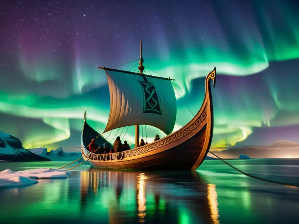 Un barco vikingo navega bajo las luces del norte mientras las runas brillan, reflejando el significado de las runas vikingas en el amor