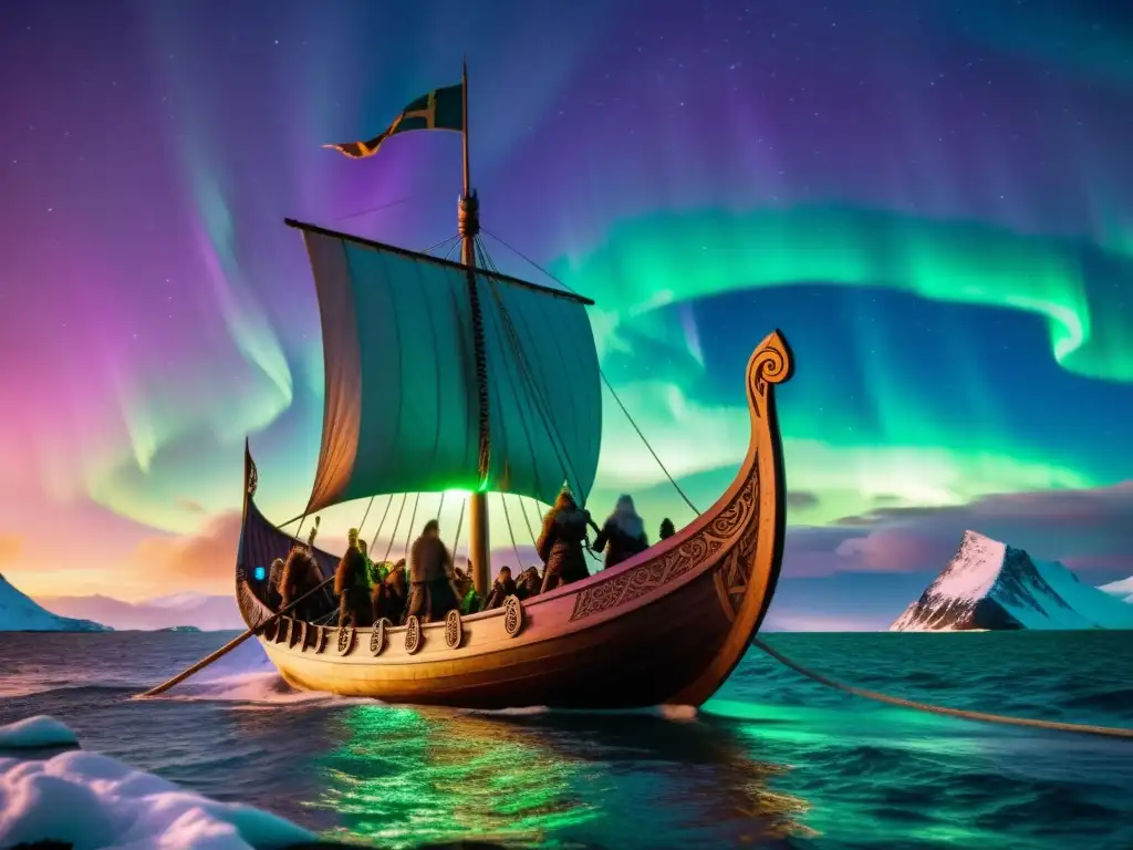 Un barco vikingo surca las luces del norte con guerreros y símbolos nórdicos, evocando el culto ancestral a la mitología nórdica