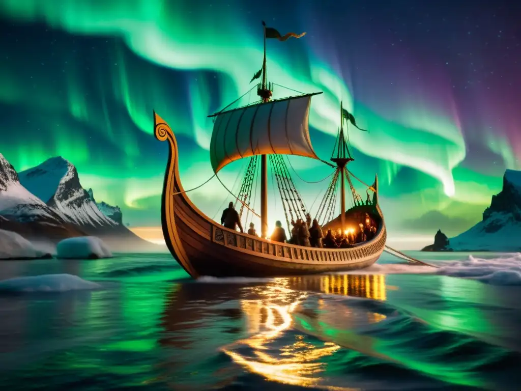 Un barco vikingo majestuoso surca aguas brumosas bajo la aurora boreal, con figuras fantasmales de dioses nórdicos