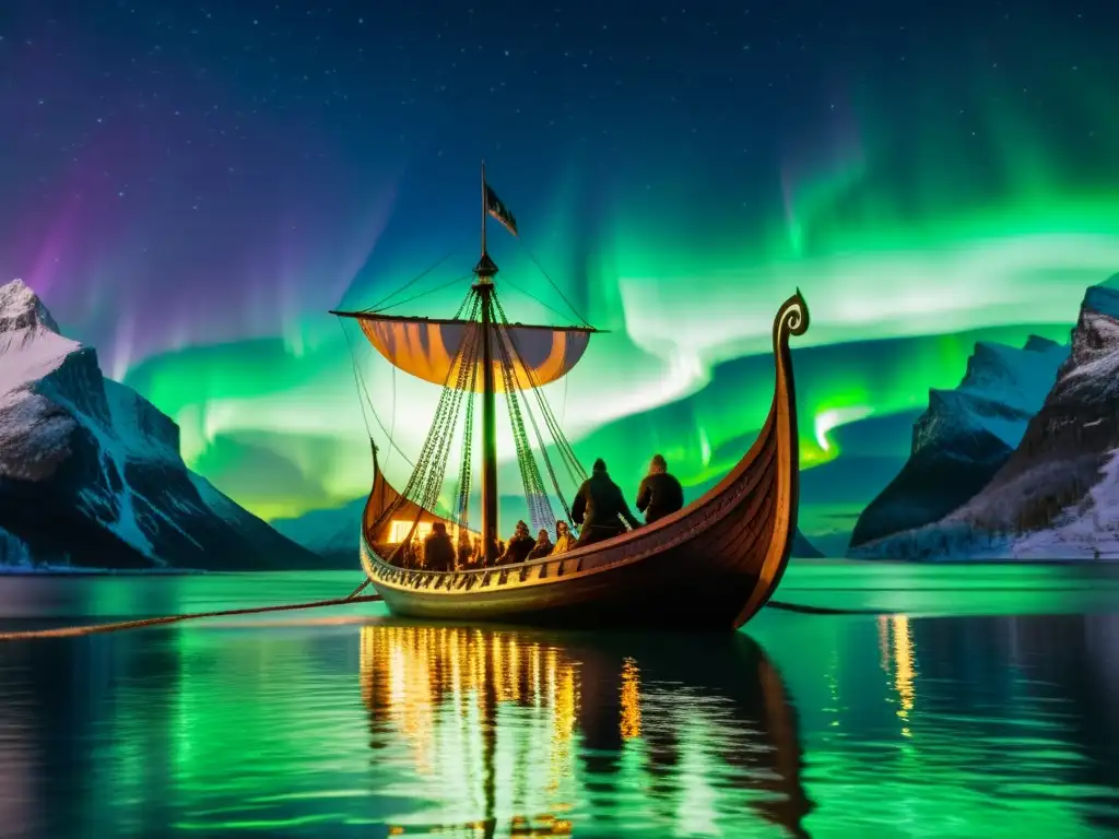 Un barco vikingo surca majestuoso bajo la aurora boreal en un fiordo, reflejando las luces verdes en el agua