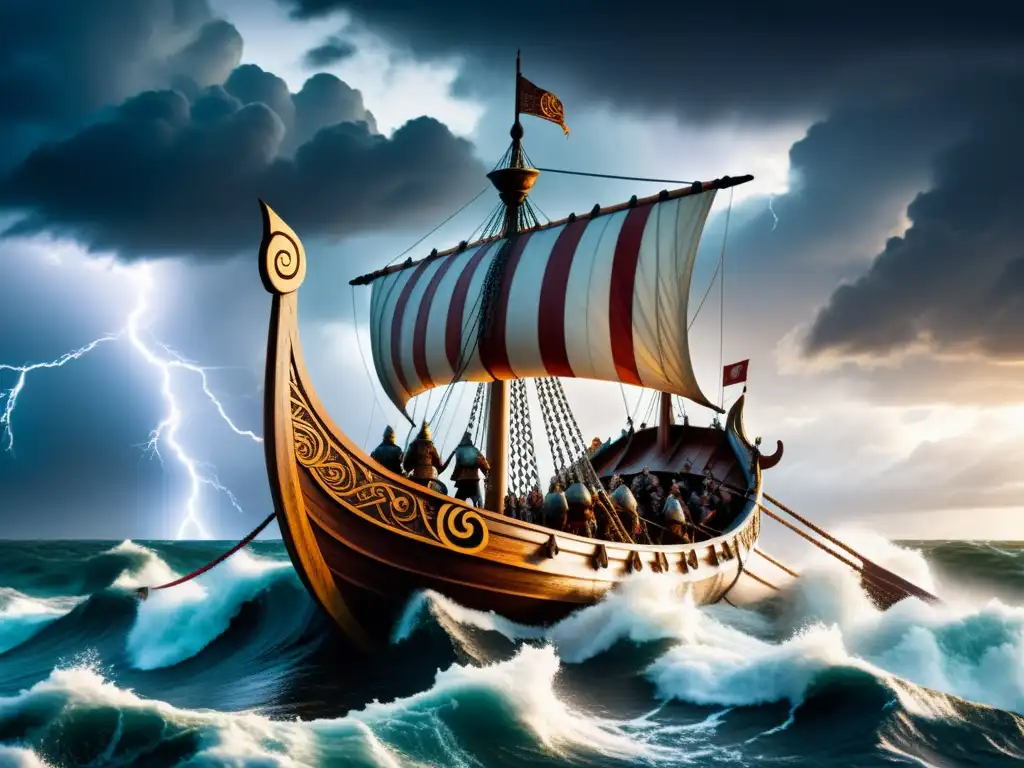 Un barco vikingo majestuoso surca mares tormentosos bajo un cielo dramático lleno de relámpagos, evocando la mitología vikinga más allá de Marvel