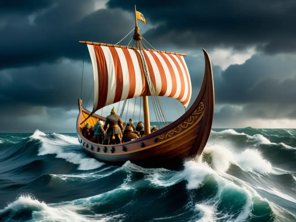 Un barco vikingo surca el mar en medio de una tormenta, reflejando la época de los vikingos