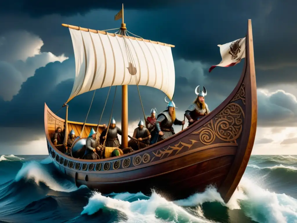 Un barco vikingo surca un mar tormentoso, con guerreros vikingos y criaturas míticas, decorado con herramientas agrícolas en el mundo vikingo