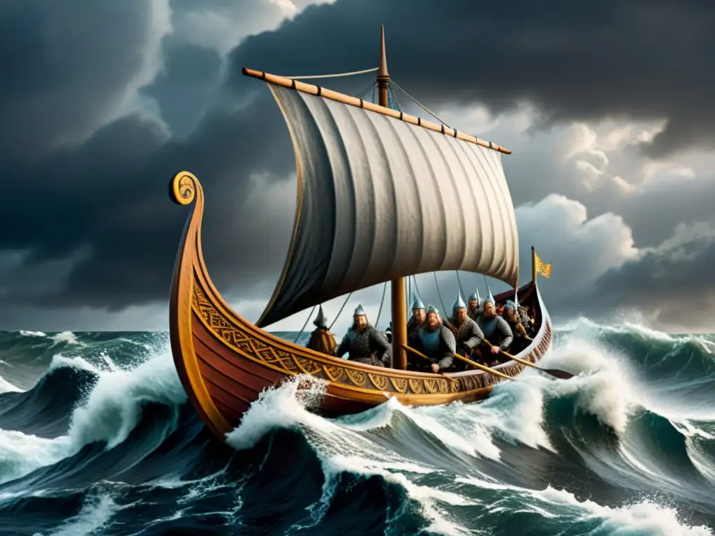 Un barco vikingo surca mares agitados bajo un cielo dramático, tripulado por guerreros determinados