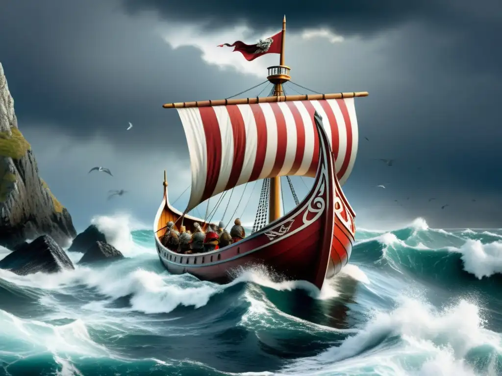 Un barco vikingo surca mares bravíos con guerreros a bordo y velas al viento, evocando el rol de los vikingos en Europa