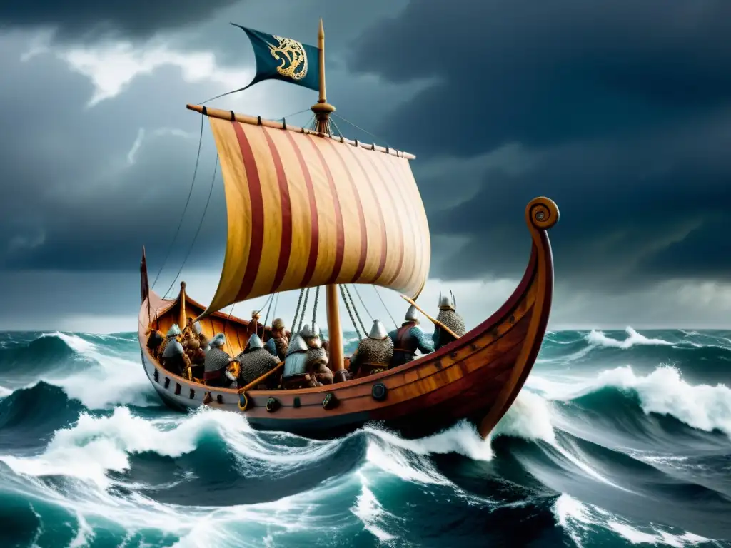 Un barco vikingo navega en mares tormentosos con guerreros y detalles magníficos, reflejando la influencia de la saga vikinga