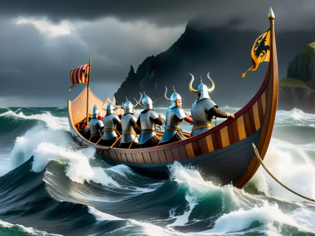 Un barco vikingo navega en mares tormentosos mientras su proa en forma de dragón brilla bajo el sol