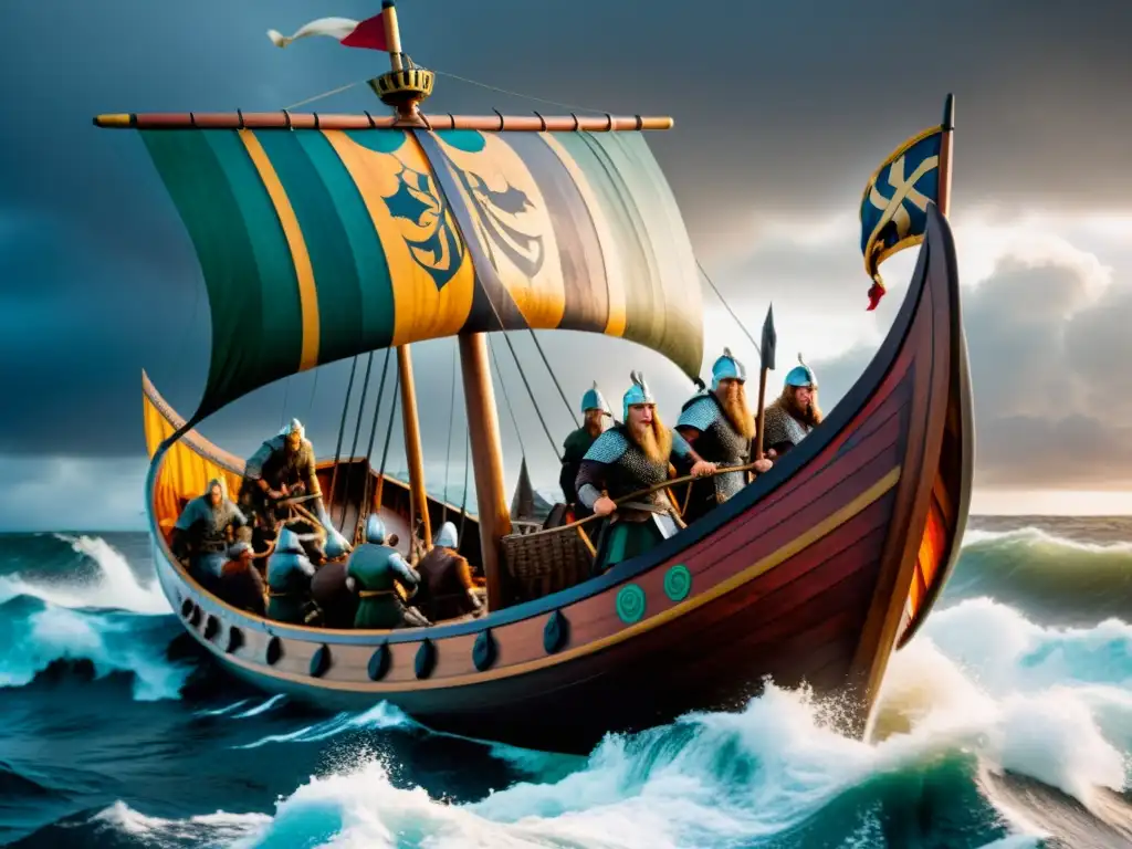 Un barco vikingo navegando en mares turbulentos con guerreros fieros y escudos coloridos, mostrando la influencia de las invasiones vikingas