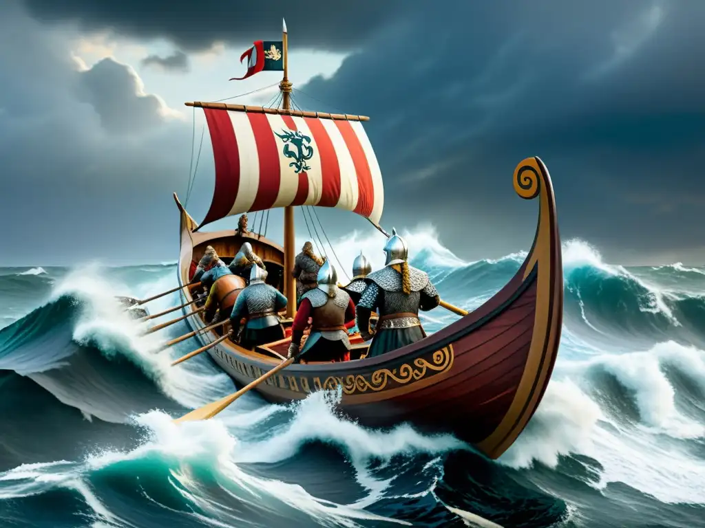 Épica ilustración de un barco vikingo surcando mares turbulentos hacia la costa americana