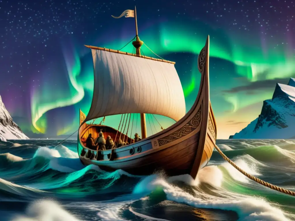 Un barco vikingo surcando mares turbulentos bajo las auroras boreales, destacando el legado tecnológico de los vikingos