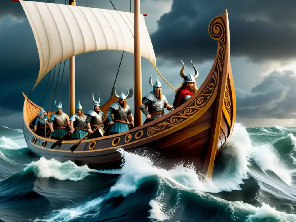 Épica travesía vikinga: longship en aguas turbulentas Barco vikingo surcando mares turbulentos con roles y jerarquía en la tripulación