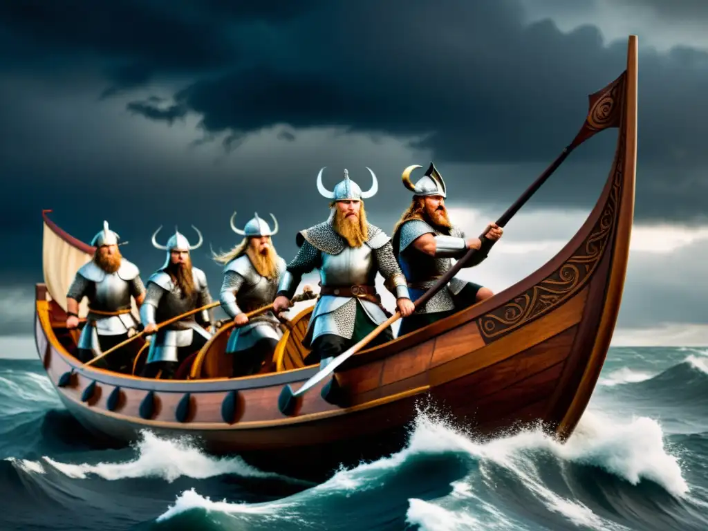 Un barco vikingo surca mares turbulentos con guerreros listos para la batalla, capturando la esencia de las tácticas de juegos de mesa vikingos