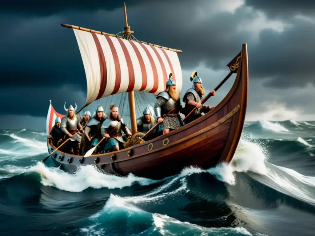 Un barco vikingo navega en mares turbulentos con guerreros valientes, resaltando la vida aventurera de los exploradores vikingos