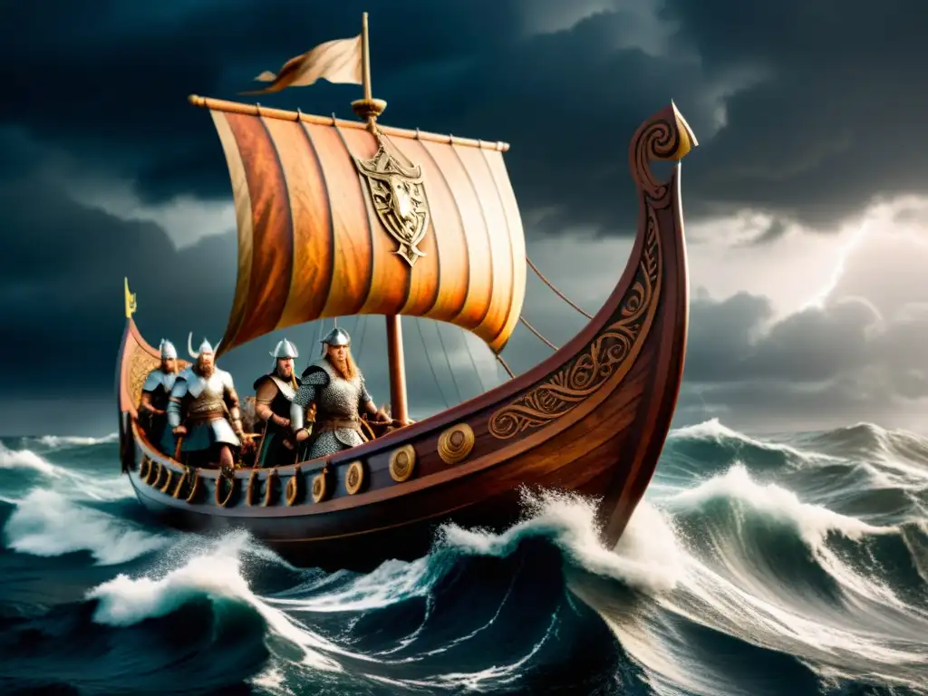 Un barco vikingo en medio de una tormenta con guerreros y armaduras, reflejando la influencia del Derecho vikingo en la legalidad moderna