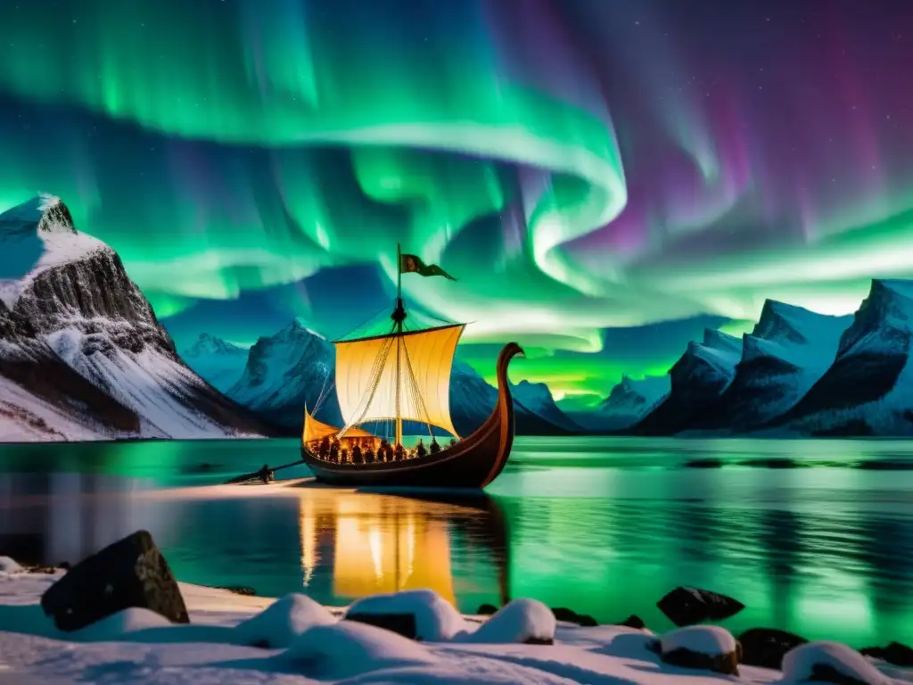 Un barco vikingo navega bajo las místicas Luces del Norte, con montañas y símbolos nórdicos, en un paisaje evocador de espiritualidad vikinga