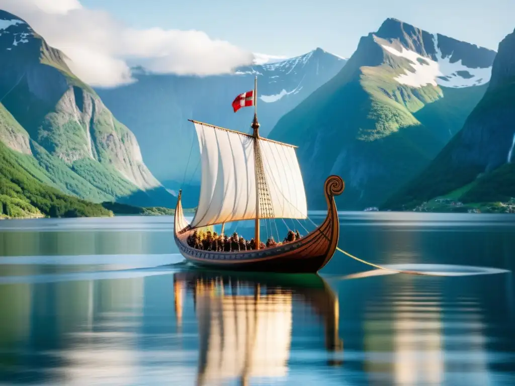 Réplica de un barco vikingo mitológico navegando en un fiordo noruego, rodeado de montañas nevadas