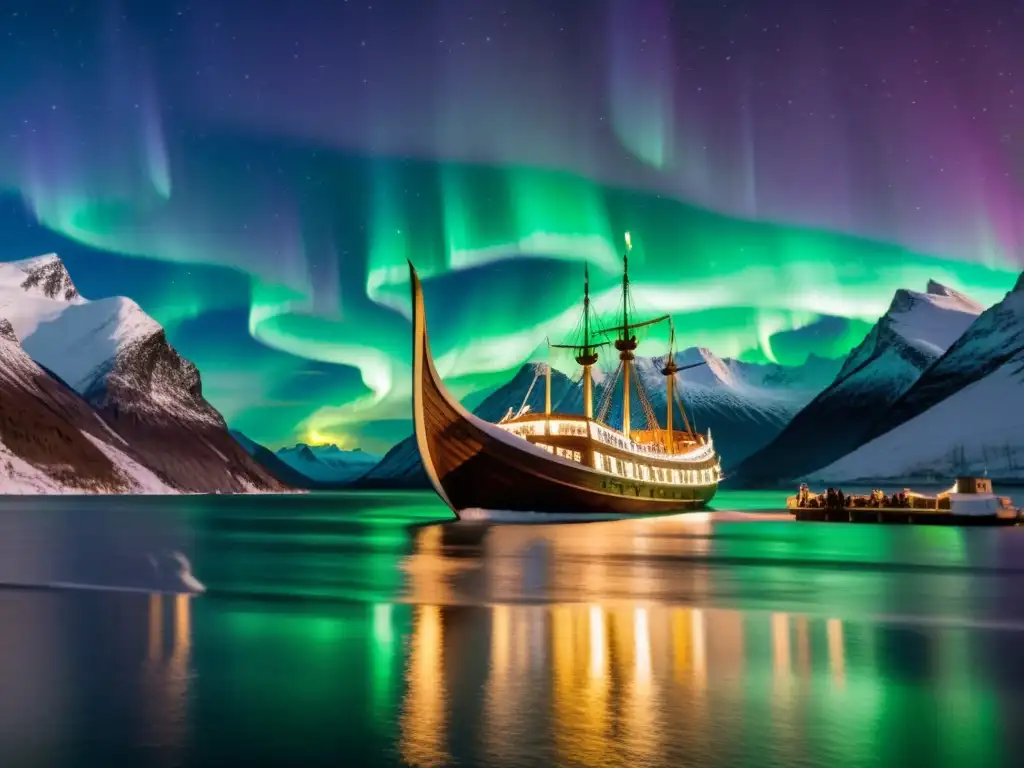 Un barco vikingo moderno bajo la aurora boreal en un fiordo, con tripulación diversa y montañas nevadas al fondo