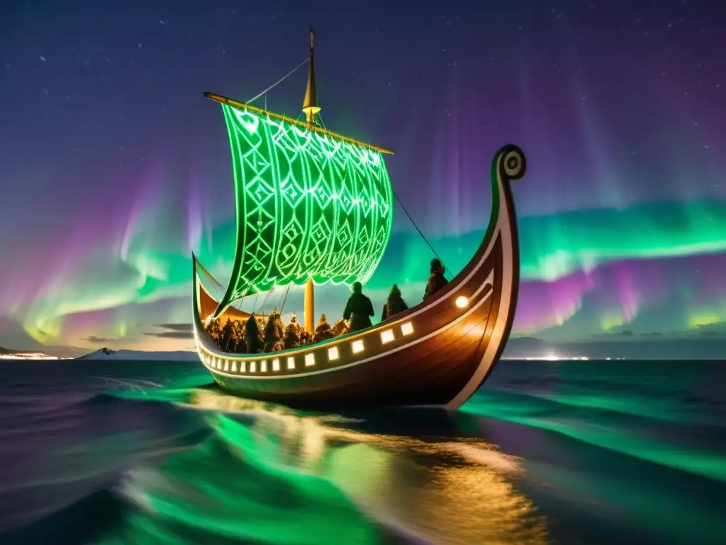 Un barco vikingo moderno decorado con runas musicales vikingas contemporáneas, navegando bajo la aurora boreal en un vasto océano oscuro