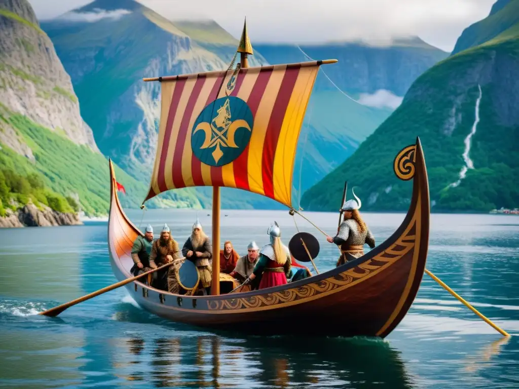 Un barco vikingo moderno surca un fiordo con montañas al fondo, vikingos vestidos con determinación y aventura