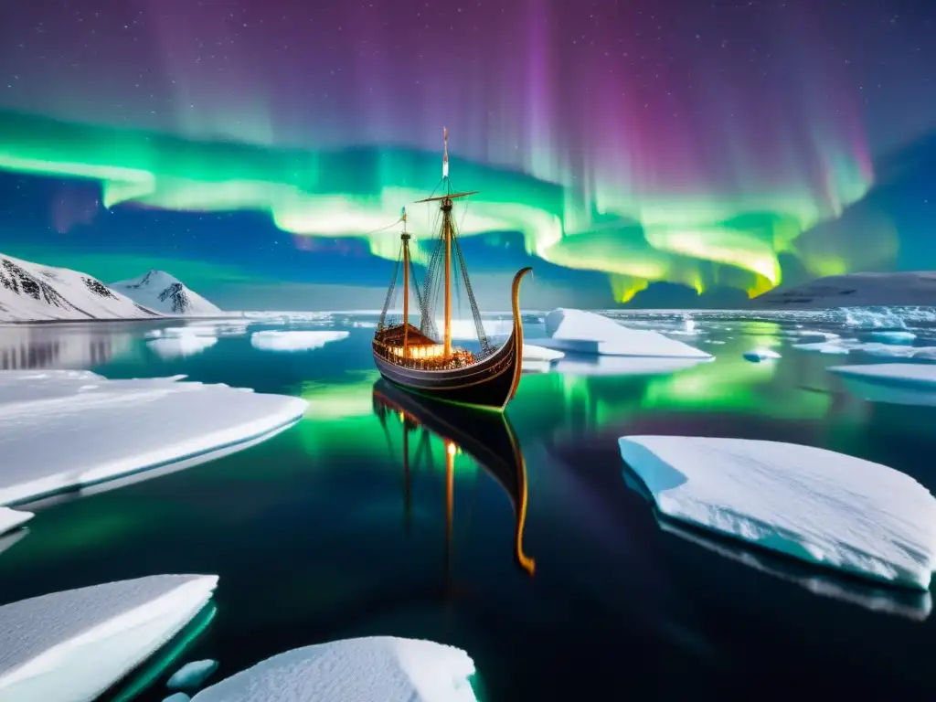 Un barco vikingo moderno navega con gracia en aguas árticas mientras las Luces del Norte iluminan el cielo nocturno