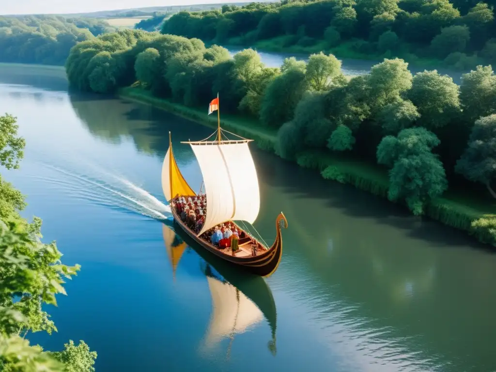 Un barco vikingo moderno navega por un río europeo, con tripulación diversa y un paisaje sereno