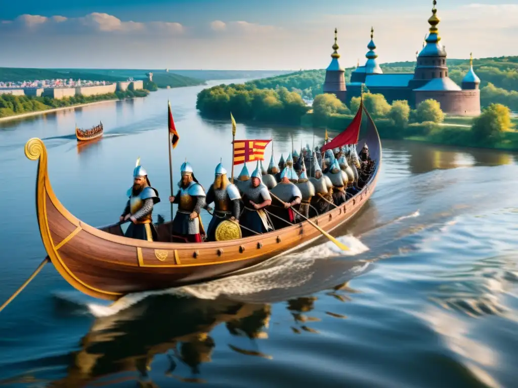 Un barco vikingo navega por el río Dnieper hacia Kiev, mostrando la fusión de raíces nórdicas y cultura vikinga en Rusia medieval