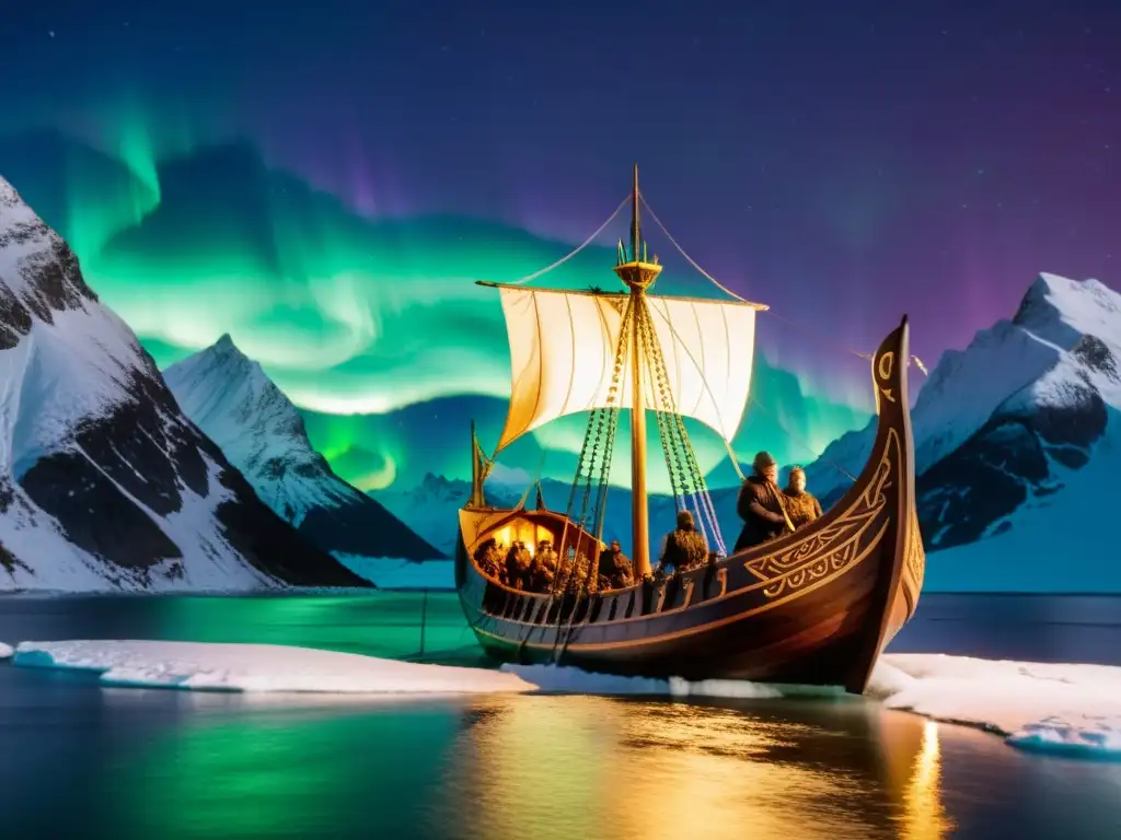 Un barco vikingo tallado navega bajo la aurora boreal, tripulado por vikingos, en un ambiente místico