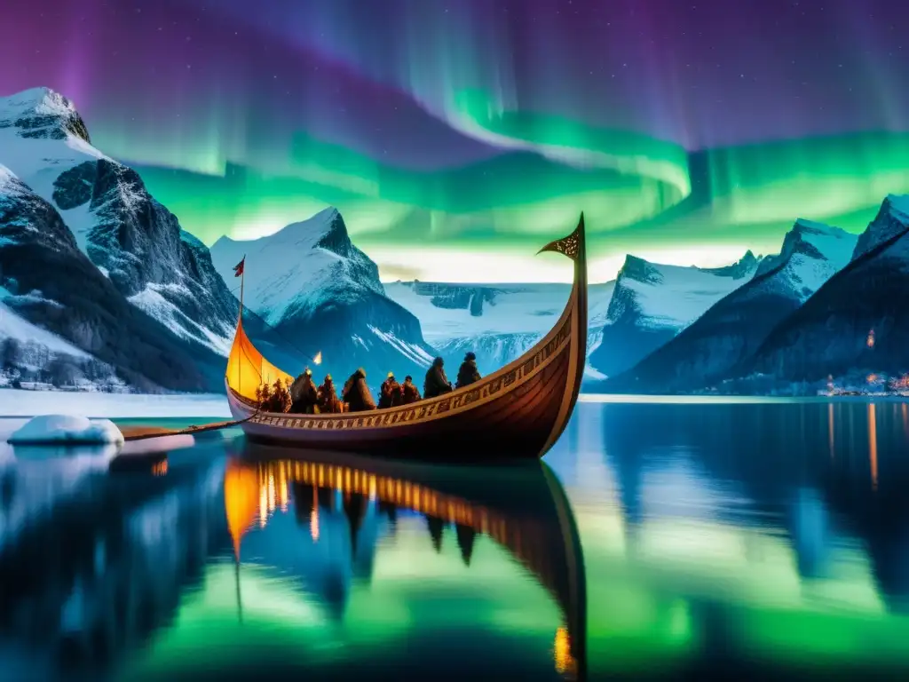 Un barco vikingo tallado navega en un fiordo bajo una aurora boreal, con guerreros listos para la batalla