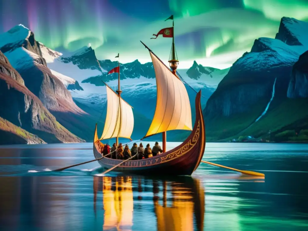 Un barco vikingo tallado navega por un fiordo bajo la aurora boreal, con guerreros y runas, ideal para hoteles inspirados era vikinga