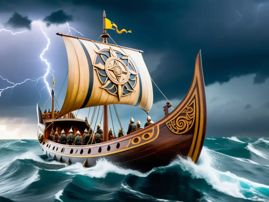 Un barco vikingo tallado navega en un mar tempestuoso bajo un cielo de relámpagos, representando al Naglfar en la mitología nórdica, listo para el Ragnarok