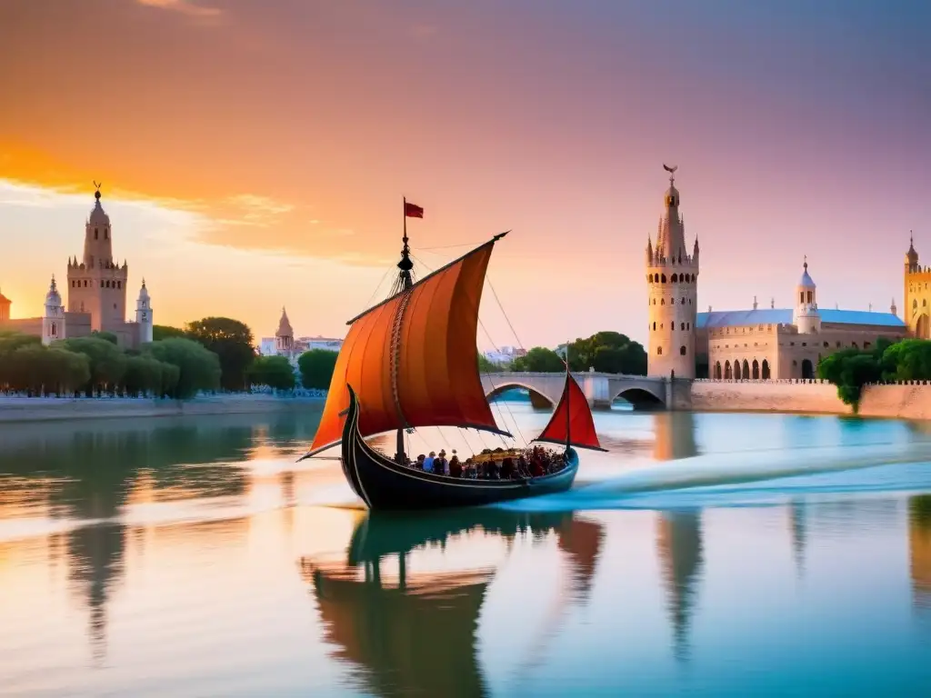 Un barco vikingo tallado navega por el río Guadalquivir al atardecer, junto a la Torre del Oro en Sevilla, en un escenario mítico y cultural