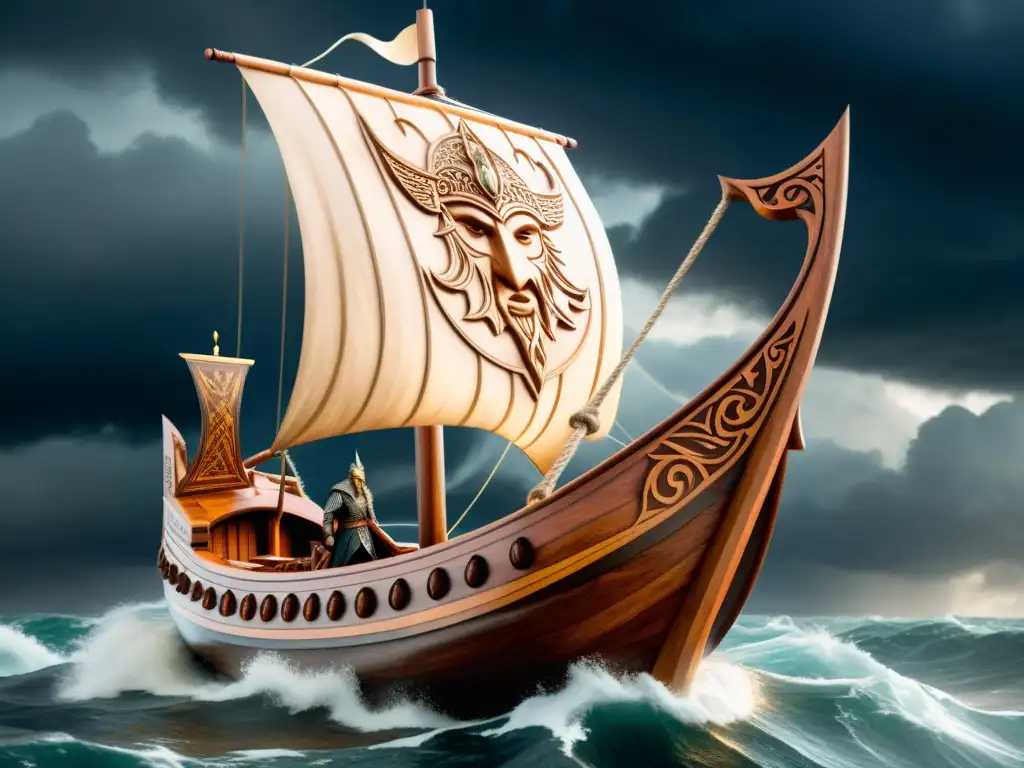 Odin liderando un barco vikingo en tormenta, reflejando lecciones de liderazgo en la mitología nórdica