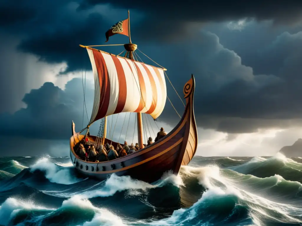 Un barco vikingo navega entre tormentas, reflejando la fuerza y espíritu aventurero de los exploradores vikingos