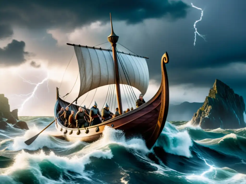 Un barco vikingo navega entre tormentas y guerreros determinados, reflejando la identidad vikinga en la poesía heroica