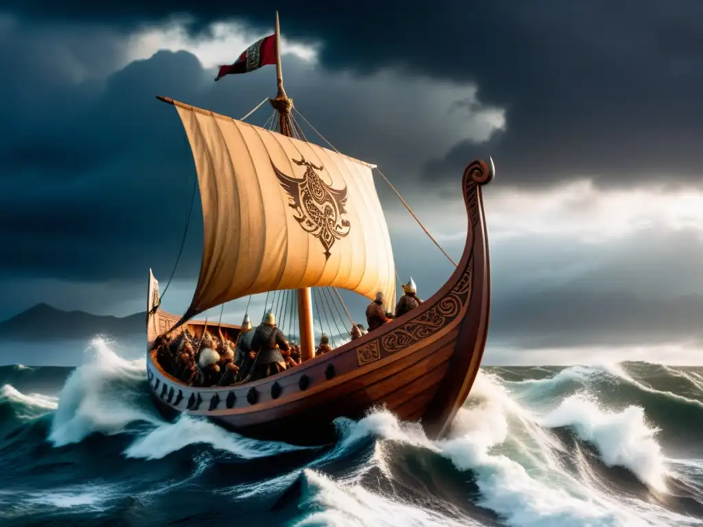 Un barco vikingo enfrenta las tormentas del mar con dragones y guerreros esculpidos, reflejando la relación vikinga con el mar