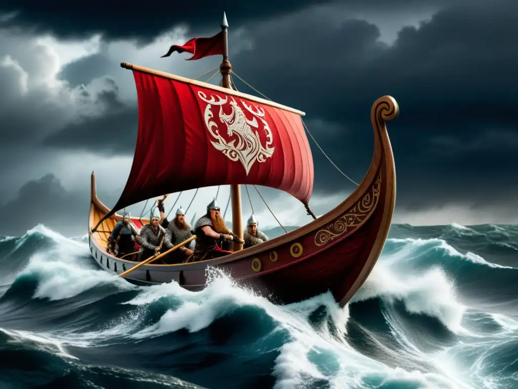 Un barco vikingo navega hacia Valhalla en una tormenta, reflejando la cultura guerrera nórdica