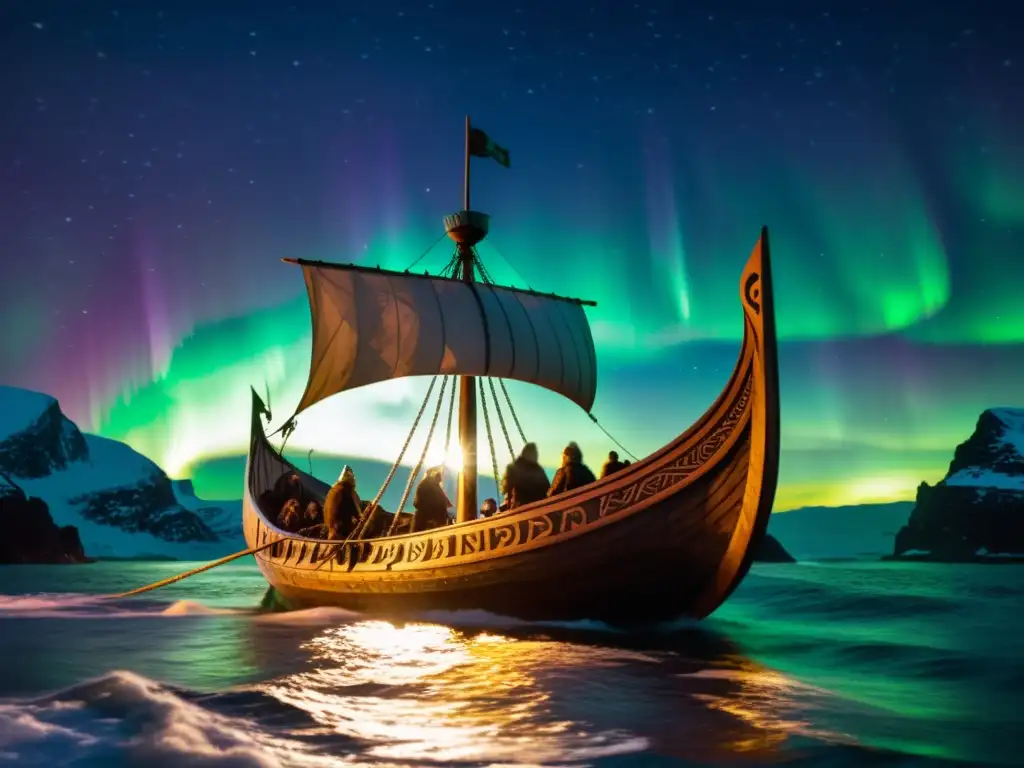 Barcos solares vikingos misteriosos surcan un mar bajo auroras boreales